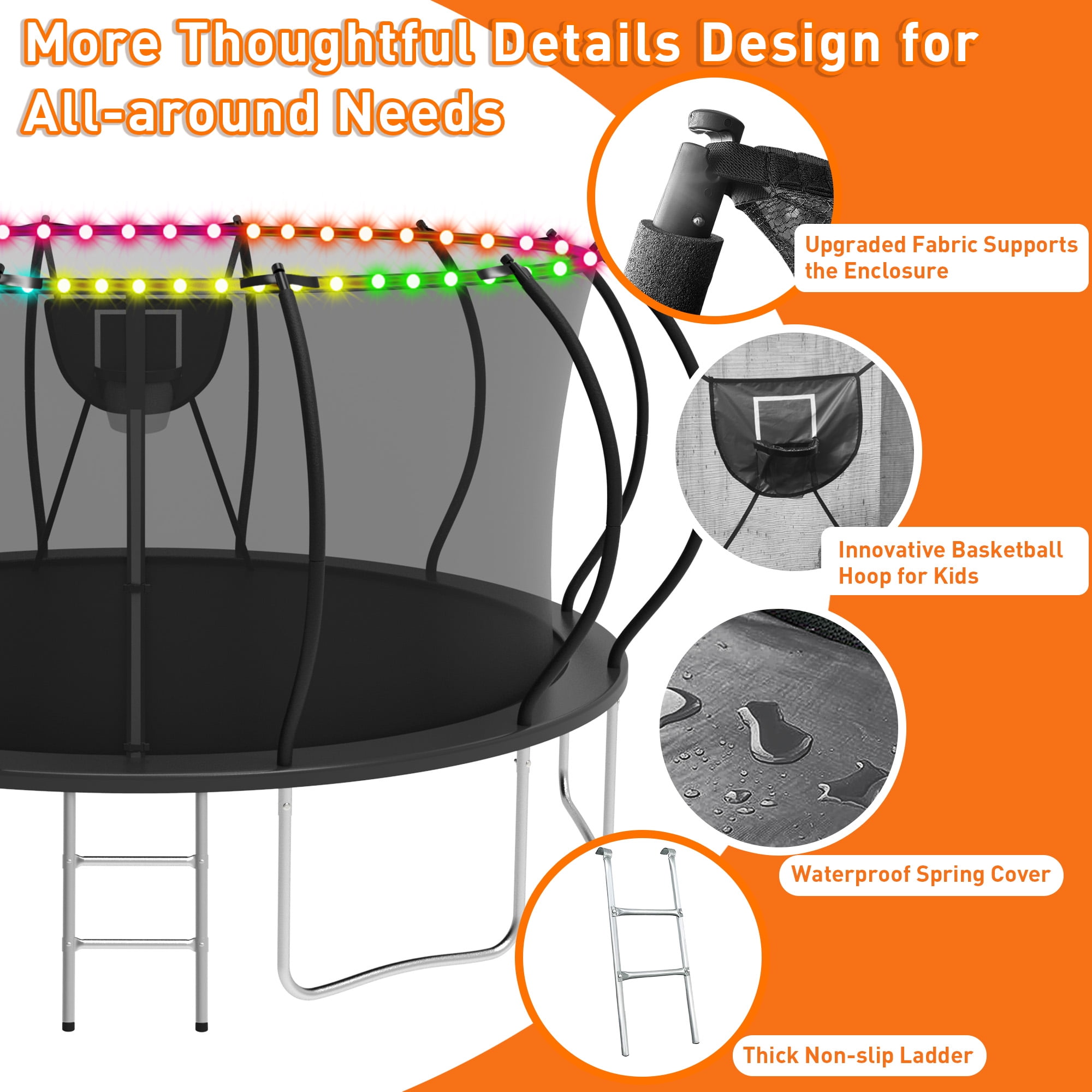 WOWLAND Trampoline 16FT for Kids and Adults with Lights, 1500LBS Heavy Duty Trampoline Outdoor with Enclosure Net and Basketball Hoop, Recreational Backyard Trampoline, Easy Assembly, Birthday Gift