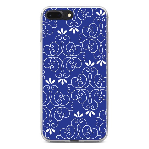 DistinctInk Clear Shockproof Hybrid Case for iPhone 7 PLUS / 8 PLUS (5.5" Screen) - TPU Bumper, Acrylic Back, Tempered Glass Screen Protector - Dark Blue White Floral