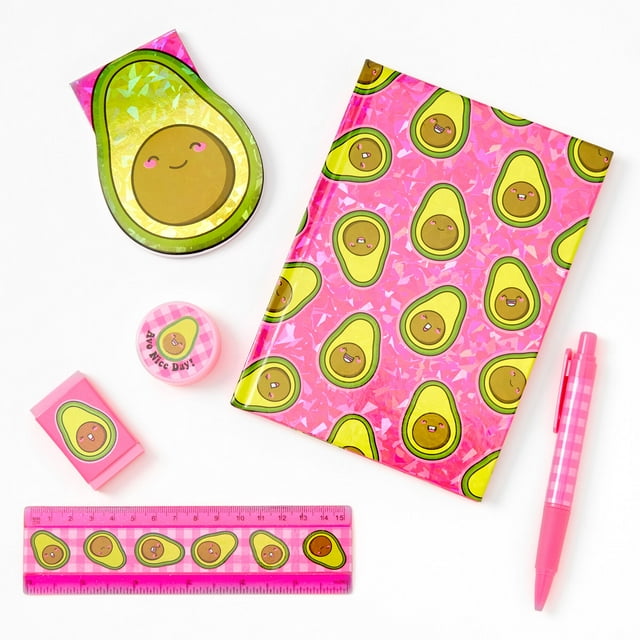 Claire's Ensemble de Papeterie Avocat Souriant 6 Pcs, Comprend Bloc-Notes, Règle, journal, Taille-Crayon, Stylo et Gomme, 91395