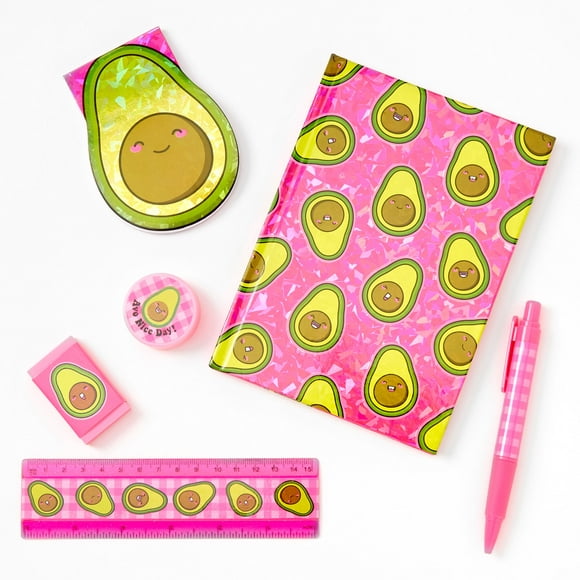 Claire's 6 Piece Smiling Avocado Stationery Set, Includes note pad, ruler, journal, pencil sharpener, pen and eraser, 91395
