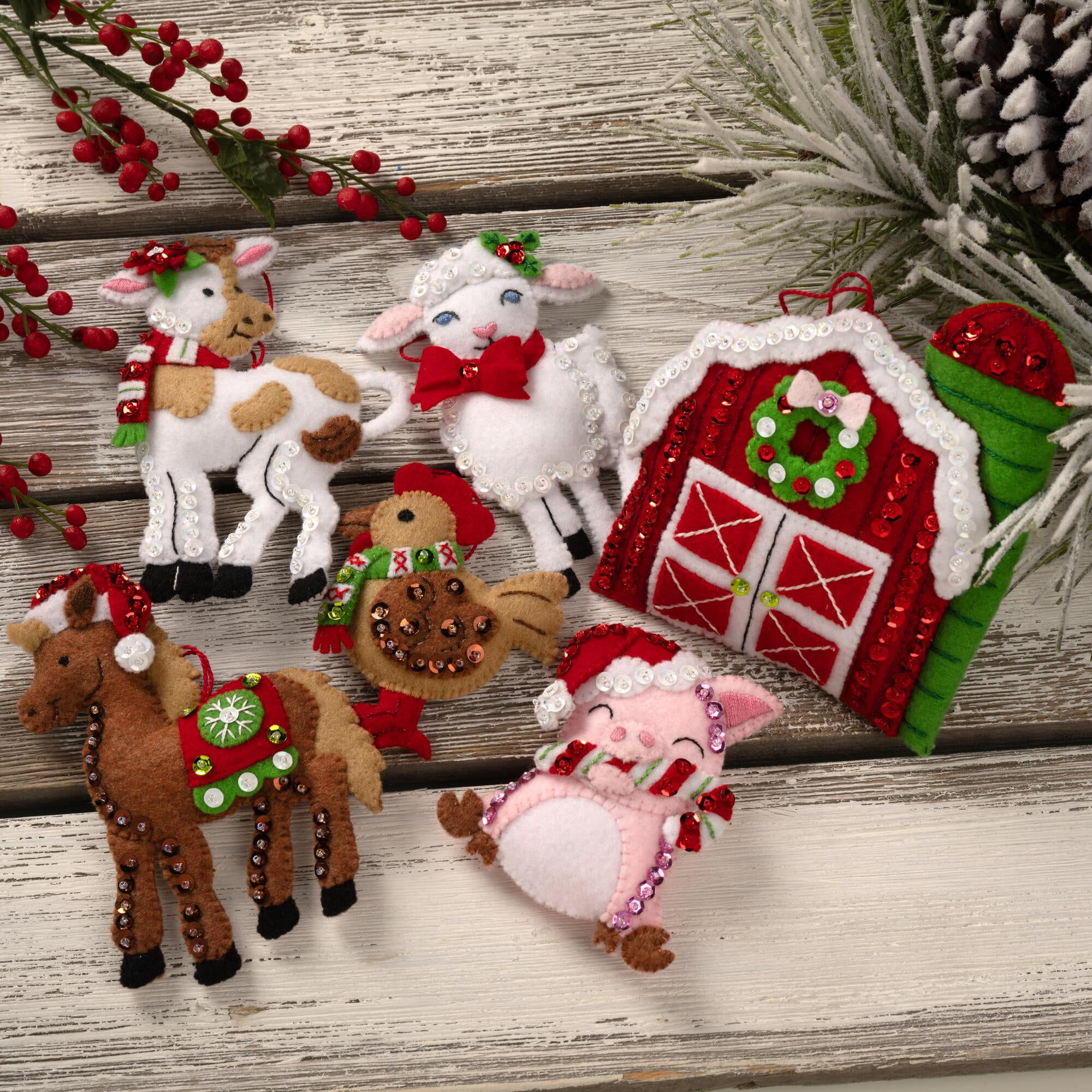 Bucilla Santa's Barnyard Cheer 6 Count Felt Applique Ornament Kit, 3.75 x 4 in
