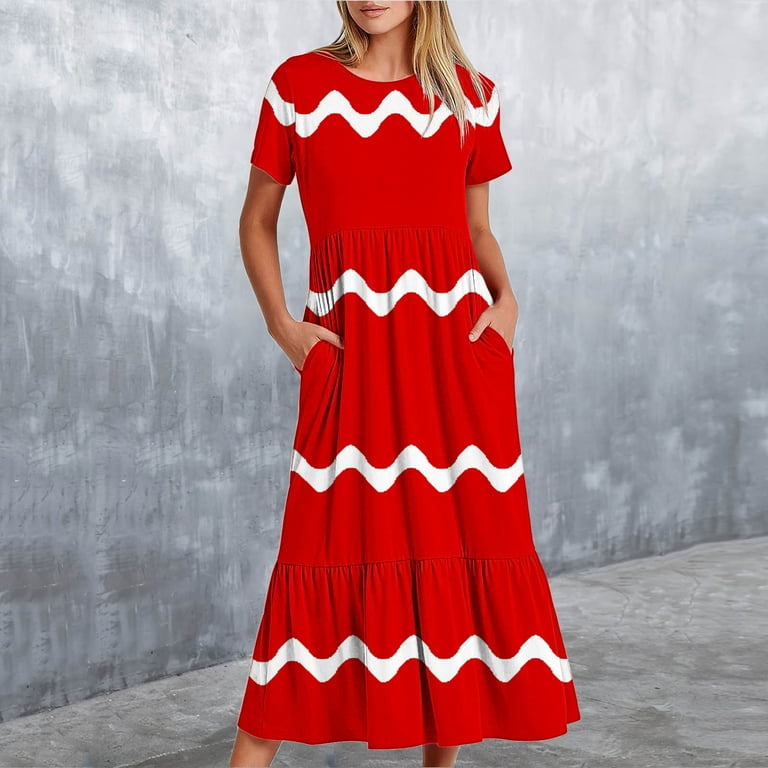AKOEE Womens Short Sleeve Mid Long Dress with Pockets Fashion Wave Striped Print Pleated Casual Tiered Maxi T-Shirt Dress (XX-Large, Red), Women's,