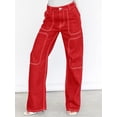 thumbnail image 4 of High Waist Straight Leg Jeans, Red with Contrast Stitching, Wide Leg Style (US, Alpha, Small, Regular, Regular, Red), 4 of 5