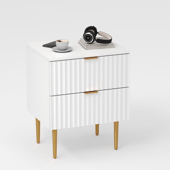 Panapinka Modern Fluted Nightstand with Charging Station & 2 Drawers, Gold & Wood Bedside Table with USB Ports & Outlets, Small Side Table for Bedroom, Apartment