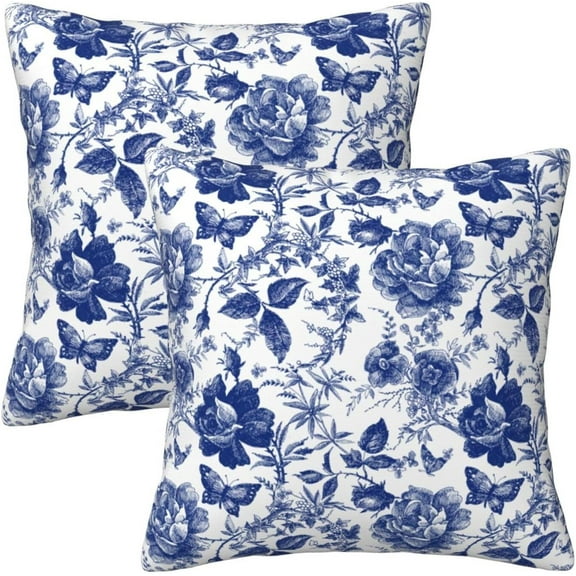 Blue and White Porcelain Floral Butterfly Pillow Covers 18x18 in Vintage Chinoiserie Couch Pillow Case Sets of 2 Modern Decorative Square Throw Pillows for Living Room Cushion