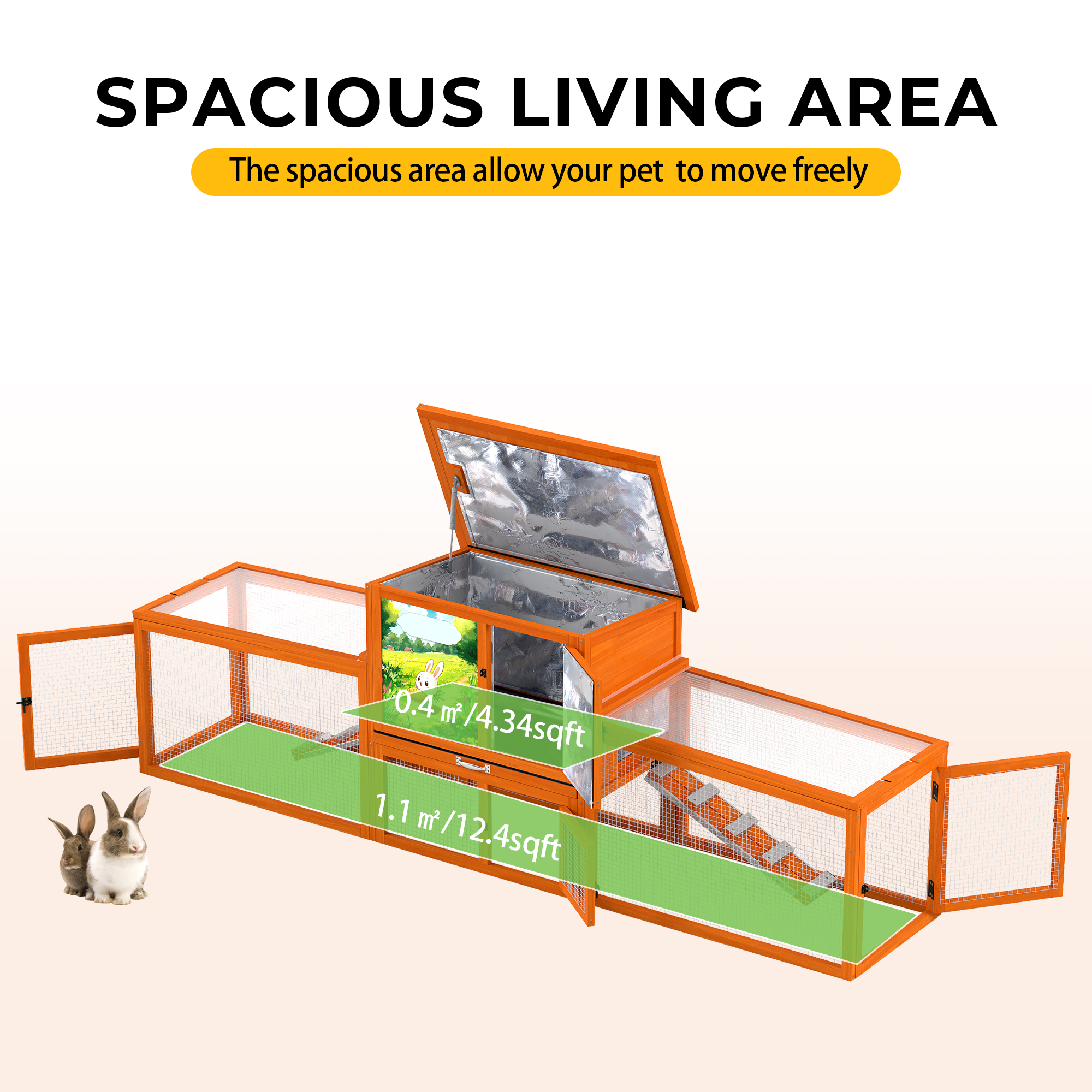 Insulated Outdoor Wood Rabbit Hutch, Weatherproof Large Bunny Cage with Runs Orange with Colorful Patterns