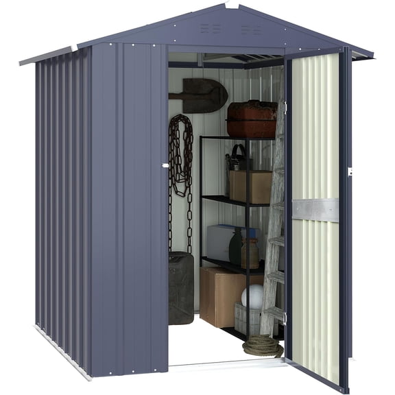 ZCB LIKE HOME 4 x 6 FT Outdoor Storage Shed, Galvanized Metal Garden Tool Shed, Patio Furniture Storage House with Slooping Roof, Lockable Door and Vents for Backyard and Garden, Grey
