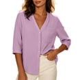 thumbnail image 2 of Women Solid Textured V Neck Button Up Shirt, Three-Quarter Rolled Sleeve Casual Blouse Top With Chest Pocket, Lightweight Breathable Summer Daily Wear Shirts, 2 of 9