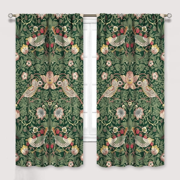 William Morris Floral Curtains, Watercolor Vintage Flower Art Style Room Windows Treatments for Bedroom Living Room, Boho Chic Green Floral Printed Drapes 2 Panel Sets,42x63 Inch