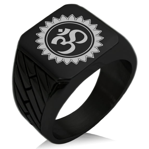 Stainless Steel Sacred Lotus Sanskrit Om Geometric Pattern Biker Style Polished Ring