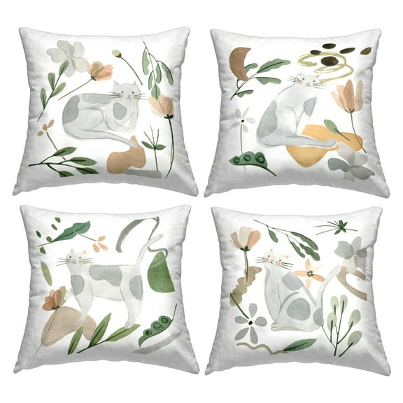Stupell Industries Casual Grey Spotted Cats Varied Botanical Sprigs Design by Melissa Wang Throw Pillow (set of 4)