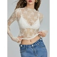thumbnail image 6 of Yunliwuli Women Long Sleeve T-Shirts Mesh See-Through Mock Neck Lace Shirts Spring Fall Slim Fit Tops Streetwear, 6 of 9