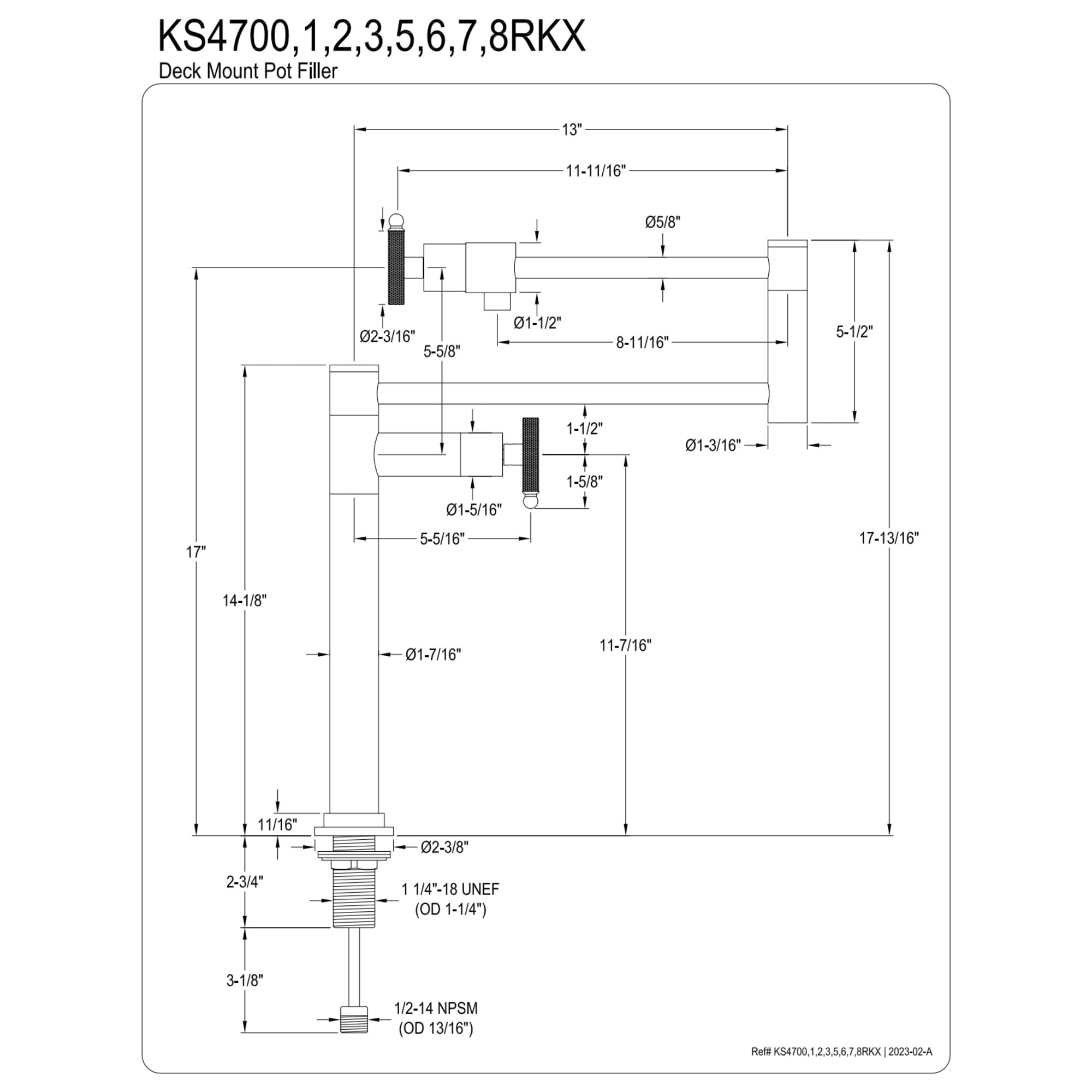 Kingston Brass KS4706RKX Webb Deck Mount Pot Filler Faucet with Knurled Handle, Polished Nickel