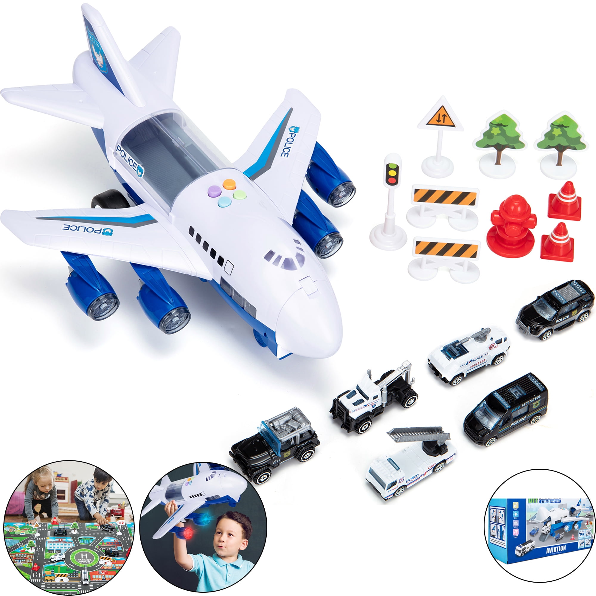 Car Toys Set Children's Airplane Toy with Transport Cargo Airplane and Large Play Mat