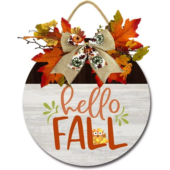 Eveokoki 12" Hello Fall Funny Cute Owl Signs for Front Door Farmhouse Porch Rustic Round Wooden Hanging Wreaths for Housewarming Gift Festival Maple Leaves Decoration Outdoor Indoor Wall Decor