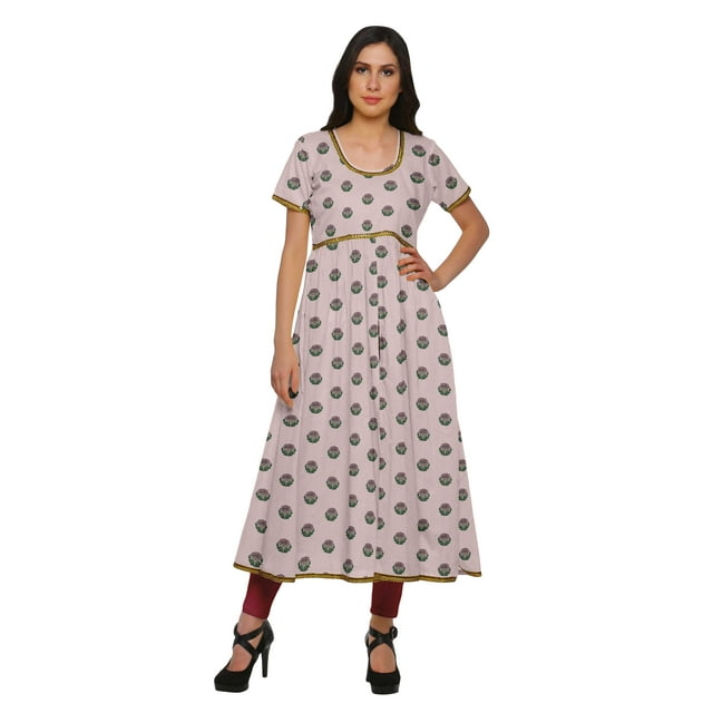 Moomaya Printed Front Slit Dresses For Women Short Sleeve Kurti Summer Wear