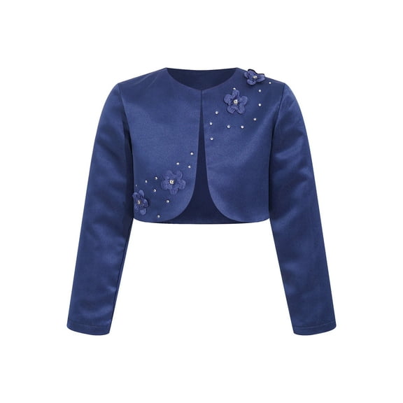 IEFIEL Kids Girls Long Sleeves Flower Girls Bolero 3D Applique Fully Liner Open Front Cardigan Wedding Shrug Navy Blue 12