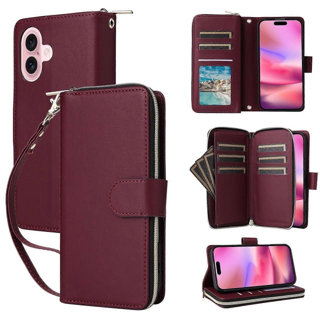 For iPhone 17 Case 9 Card Slots Zipper Pocket PU Leather Cover with Wrist Strap - Dark Purple