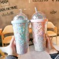 thumbnail image 2 of 550ml Rainbow Plastic Water Bottle Double Layer Sequins Drinking Cup With Straw Women Girl Gift, 2 of 4