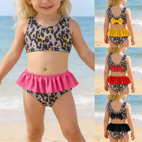 Toddler Girl Swimsuit 2 Piece Bikini Scoop Neck Sleeveless Ruffle Trim Leopard Print Top And Swim Shorts Set for Vacation Baby Girl Bathing Suit Black 18 Months-24 Months