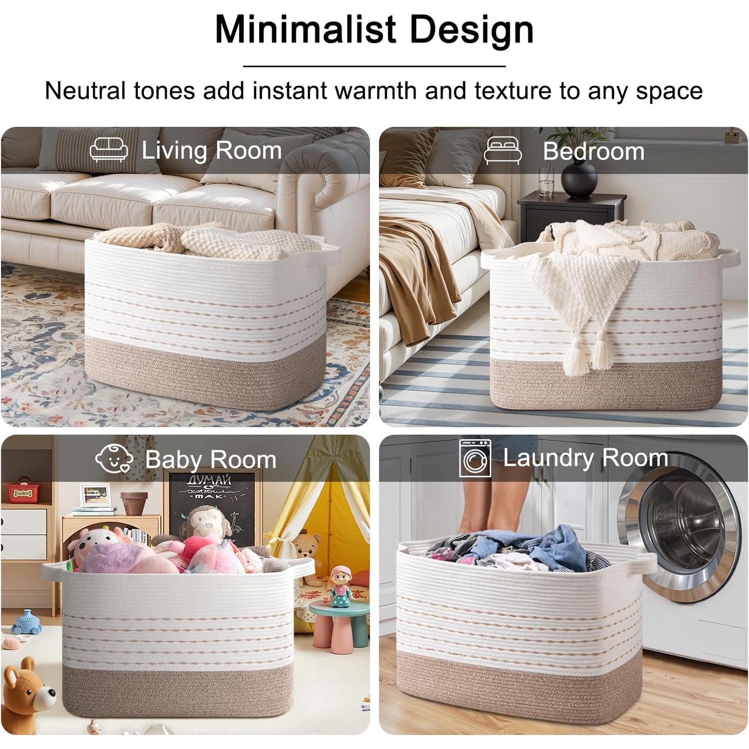 108L Extra Large Blanket Basket, 25”x16”x16” Rectangle Woven Cotton Rope Baskets for for Living Room, Toy Storage with Handle- Gradient Light Brown