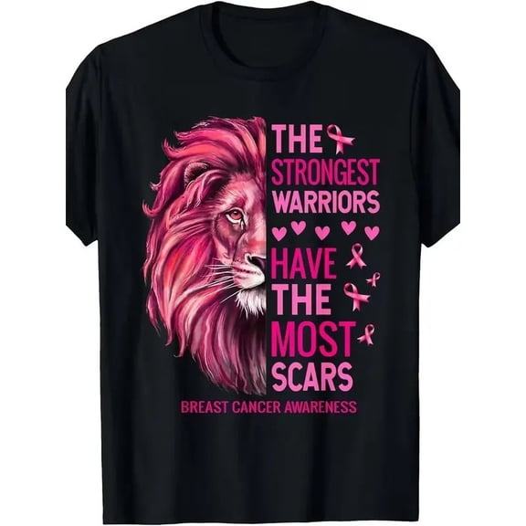 Breast Cancer Awareness Graphic T-Shirt, Warrior Lion Pink Ribbon Support Tee, Inspirational Short Sleeve Shirt Casual Cotton