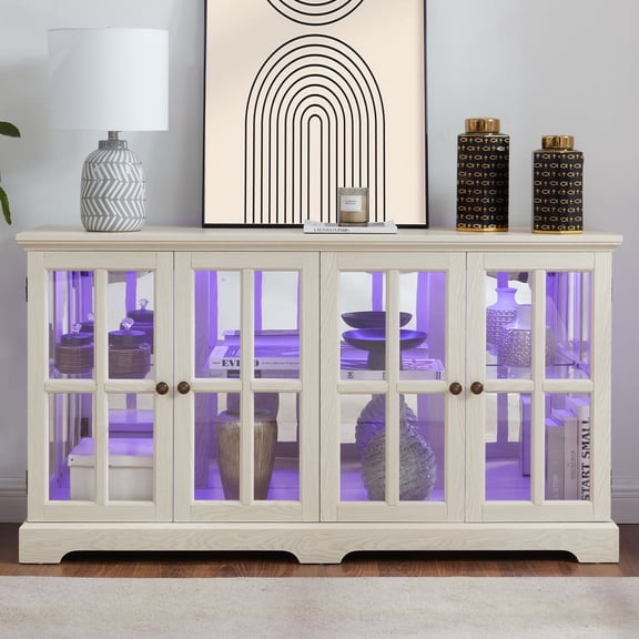 HIUU 59" W White Curio Cabinets with Glass Doors,Vintage Glass Curio Cabinet Display Case with LED Lights,Lighted Display Case with 4 Doors and Adjustable Shelves