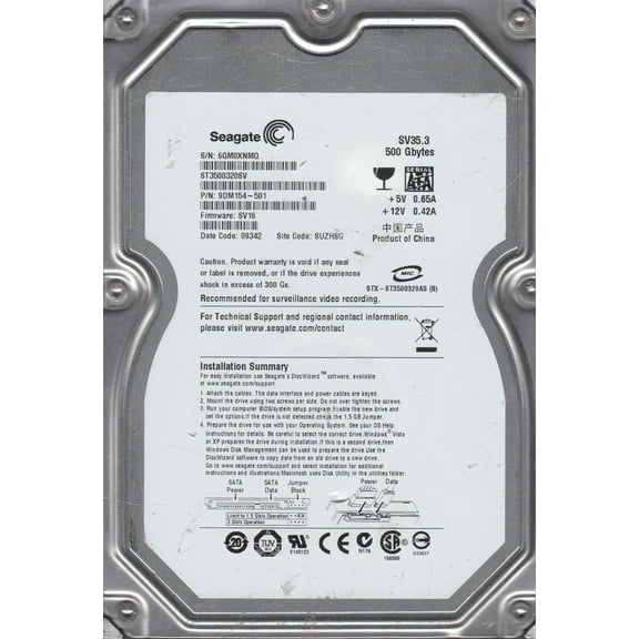 ST3500320SV, 6QM, SUZHSG, PN 9DM154-501, FW SV16, Seagate 500GB SATA 3.5 Hard Drive