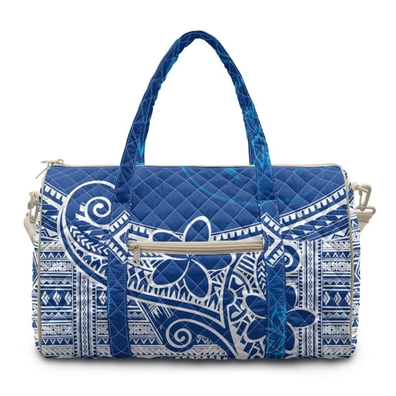 Garronmavis Blue Polynesian Print Large Quilted Duffle Bag for Women, Overnight Travel Bag with Zipper Pocket, Luggage Sleeve Carry On Weekender Bag for Airplane Travel