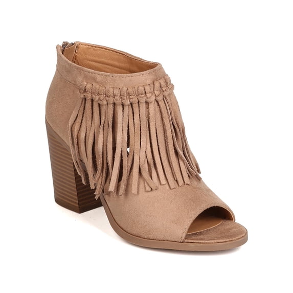 Soda FI54 Women Faux Suede Peep Toe Cut Out Fringe Chunky Heel Bootie