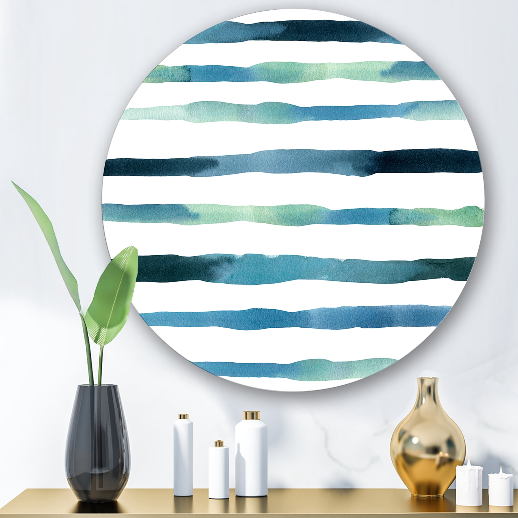 Designart 'Dark Blue Verticals Aquatic ' Modern Circle Metal Wall Art 11x11 - Disc of 11