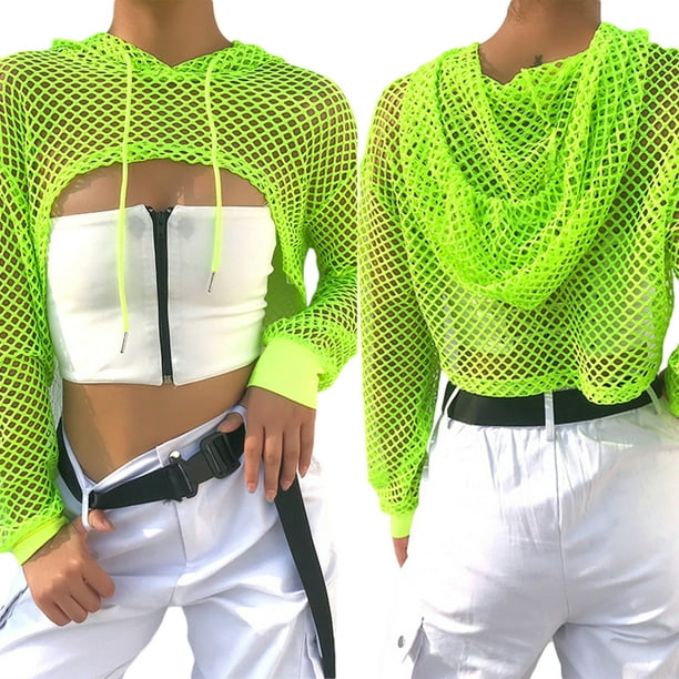 Gupgi Women Neon Mesh Fishnet Top Perspective Long Sleeve Cropped T-Shirt Green L