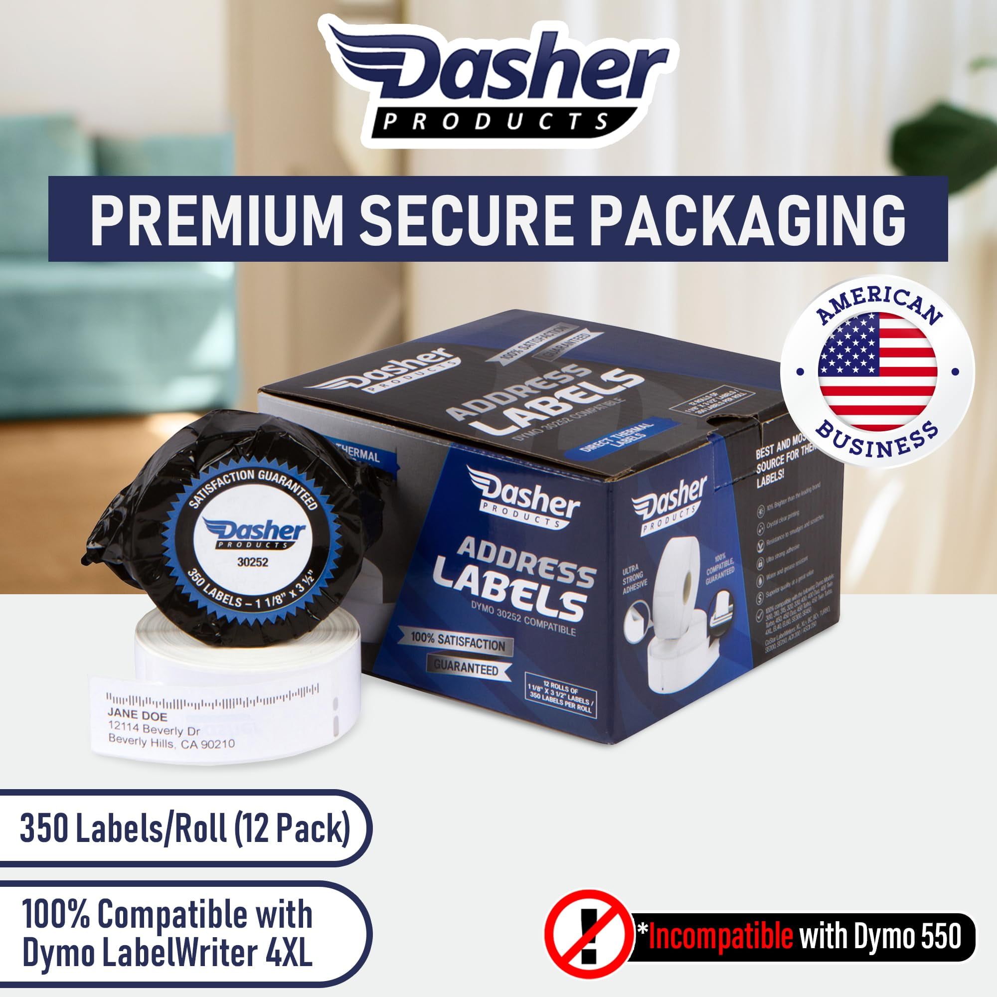 Dasher Products Address Labels Compatible with Dymo 30252  1-1/8" x 3-1/2", 12 rolls of 350 Labels, Self-Adhesive for Shipping, Barcode, UPC, Compatible with LabelWriter 4XL, 450, 450 Turbo, & More