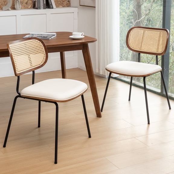 FOWEOAIU Modern Dining Chairs,Leather Upholstered Side Chairs With Cane Back, Beige (Set of 2)