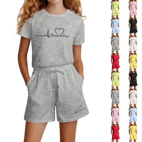 Bmisegm Girls Summer Outfits Fashion Letter Print Casual Loose Short Sleeve Suit Girls' Clothing Sets Grey,7-8 Years