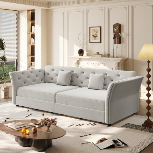 100" Oversize Velvet Pull Out Sofa Bed, Convertible Sleeper Loveseat with Handmade Flower Tufted Design, Multi-Functional Sofa Couch for Living Room & Bedroom, Light Grey