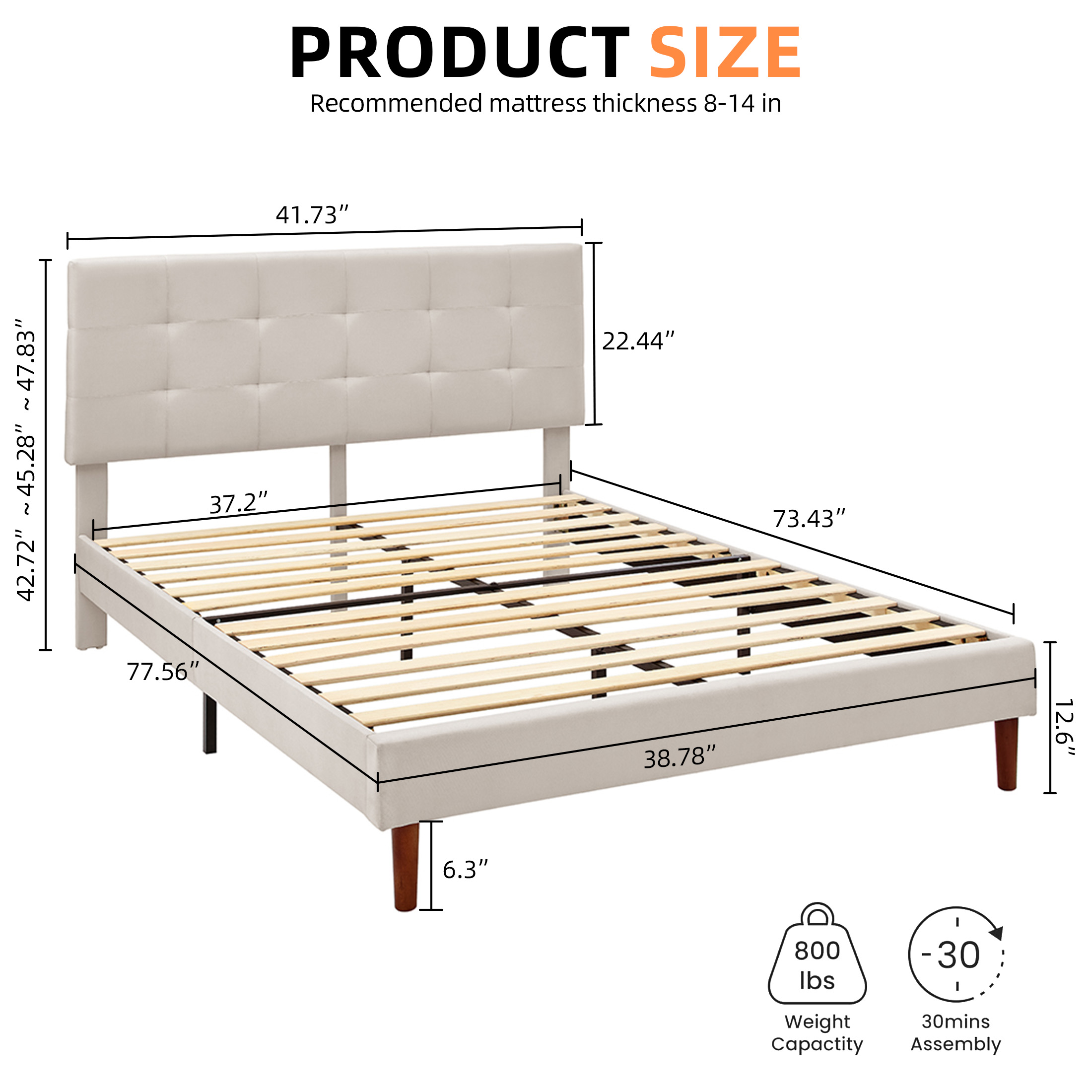 AENKYO Twin Size Upholstered Platform Bed Frame, Tufted Low Profile Design with Adjustable Headboard, Beige