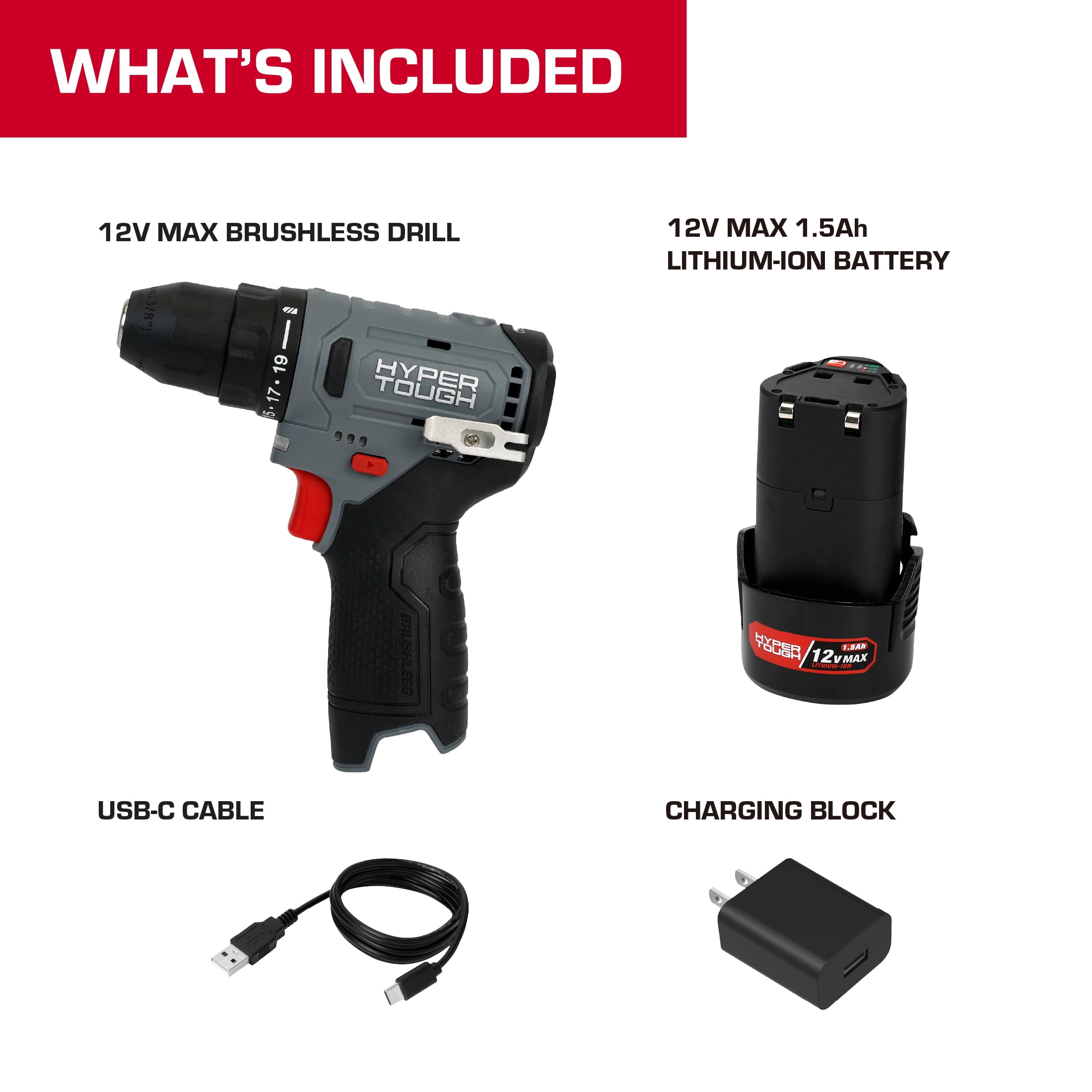 Hyper Tough 12V Brushless Cordless Drill Driver with 1.5Ah Battery