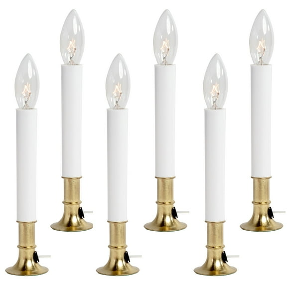 Pack of 6 Electric Window Candle with On/Off Switch, Light Bulb, Brass Plated Base, Ready to Use