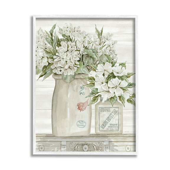 Stupell Industries Alluring White Florals Classic Country Ceramic Jars Graphic Art White Framed Art Print Wall Art, 16x20, by Cindy Jacobs