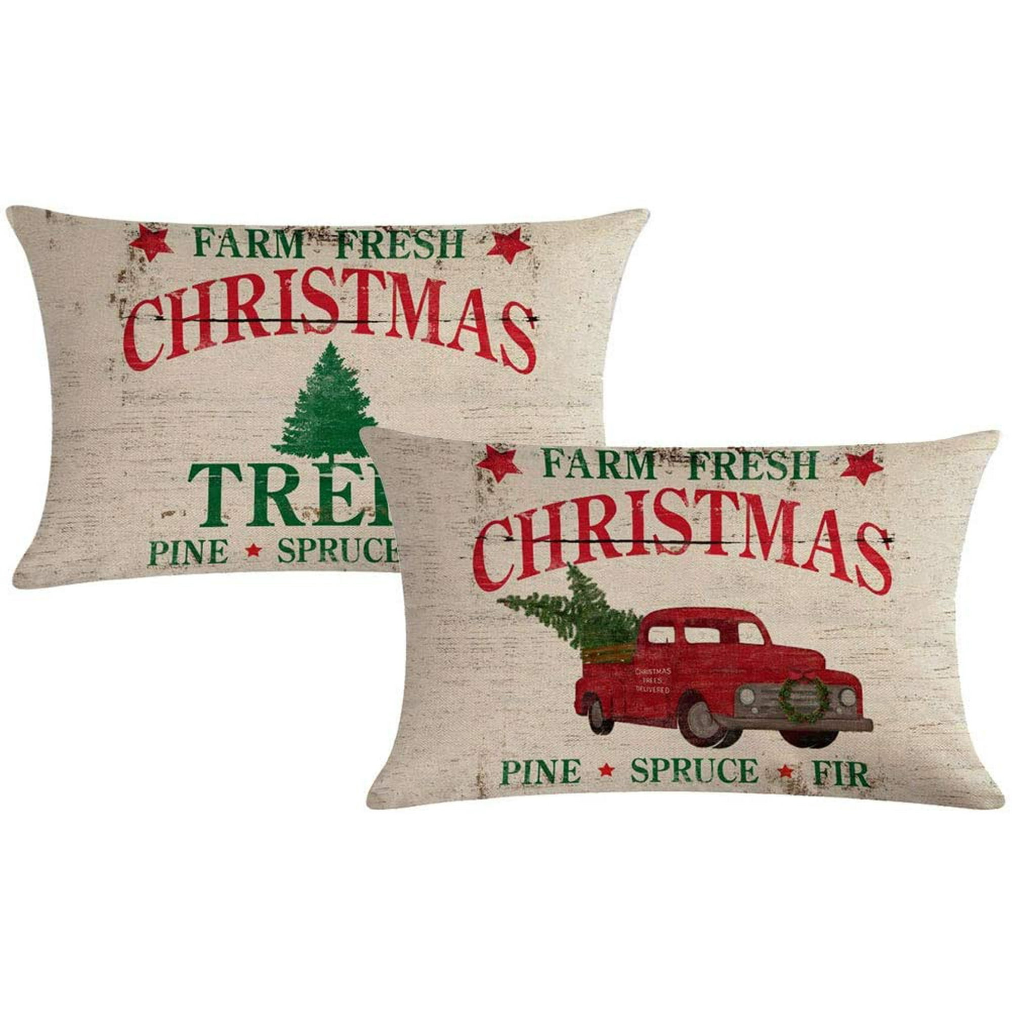 2Pack Christmas Throw Pillow Cushion Covers 12x20 Inch Farm Fresh Xmas Tree with Red Truck Home Decorative Rectangular Waist Pillowcases for Christmas