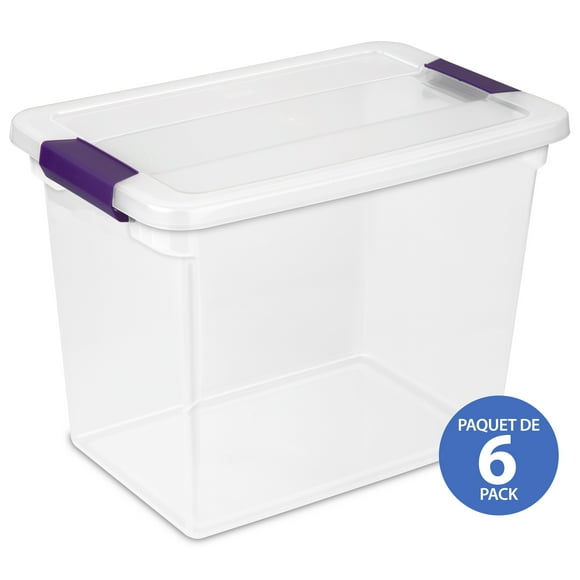 Sterilite 26 Liter ClearView™ Latch Box, Small Clear Plastic Storage Bin with Lid and Purple Latch, 6 Pk