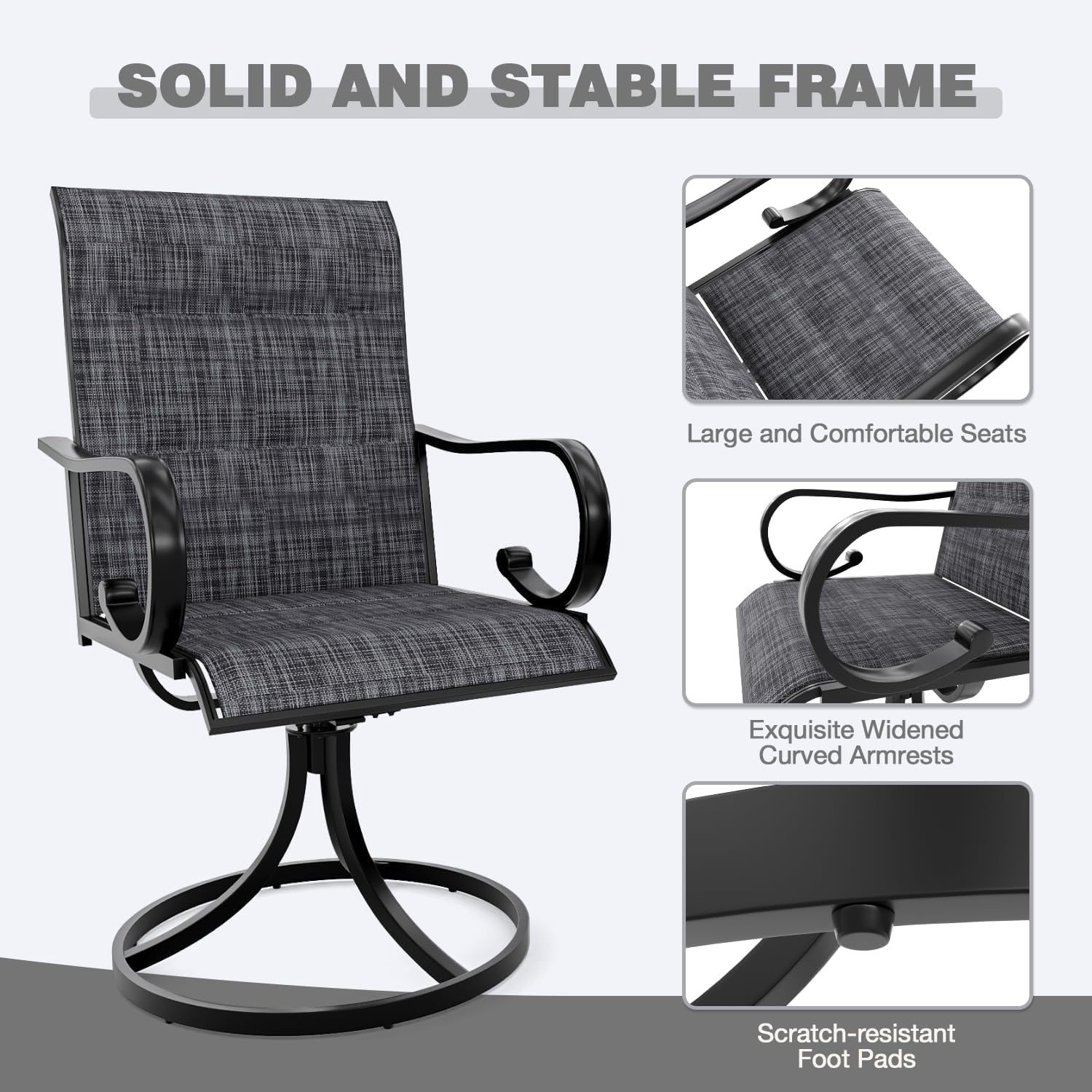 MELLCOM Patio Swivel Chair Set of 2, High Back Padded Textilene Outdoor Dining Chairs with E-Coating Metal Frame, All-Weather Outdoor Furniture Rocker for Backyard, Porch, Garden, Lawn, Grey