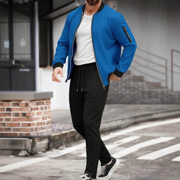 Ceisia Men's Regular Fit Waffle Knit Baseball Collar Jacket & Jogger Pants Set | Casual Outdoor Two-Piece Outfit Gifts