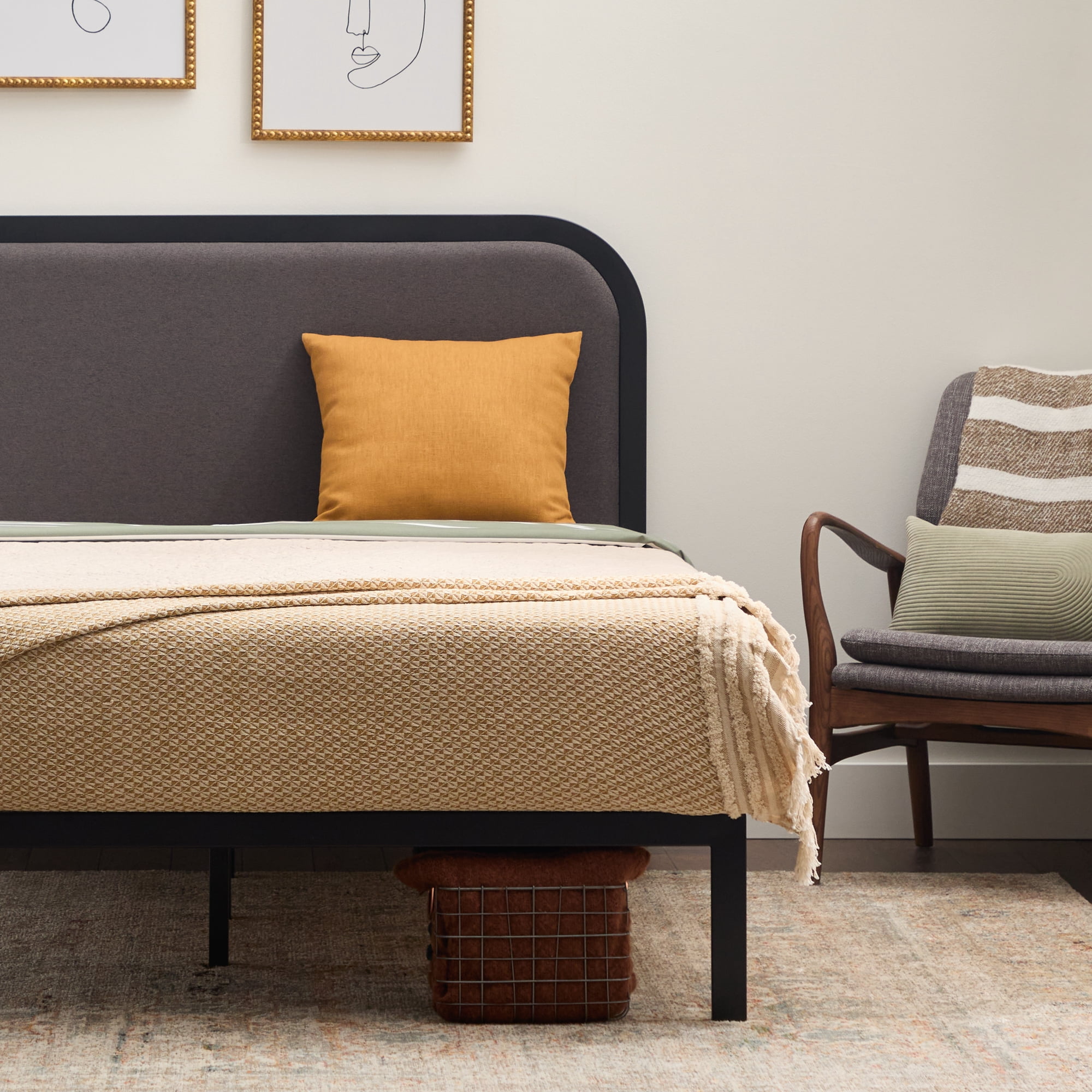 Rest Haven Salem Metal Platform Bed with Rounded Upholstered Headboard, Queen, Charcoal