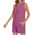thumbnail image 2 of YueHuiYing Women's Fashion Solid Color Loose V-Neck Sleeveless Top & Pocket Shorts Set Casual Summer Two Piece Outfit with Pockets, 2 of 5