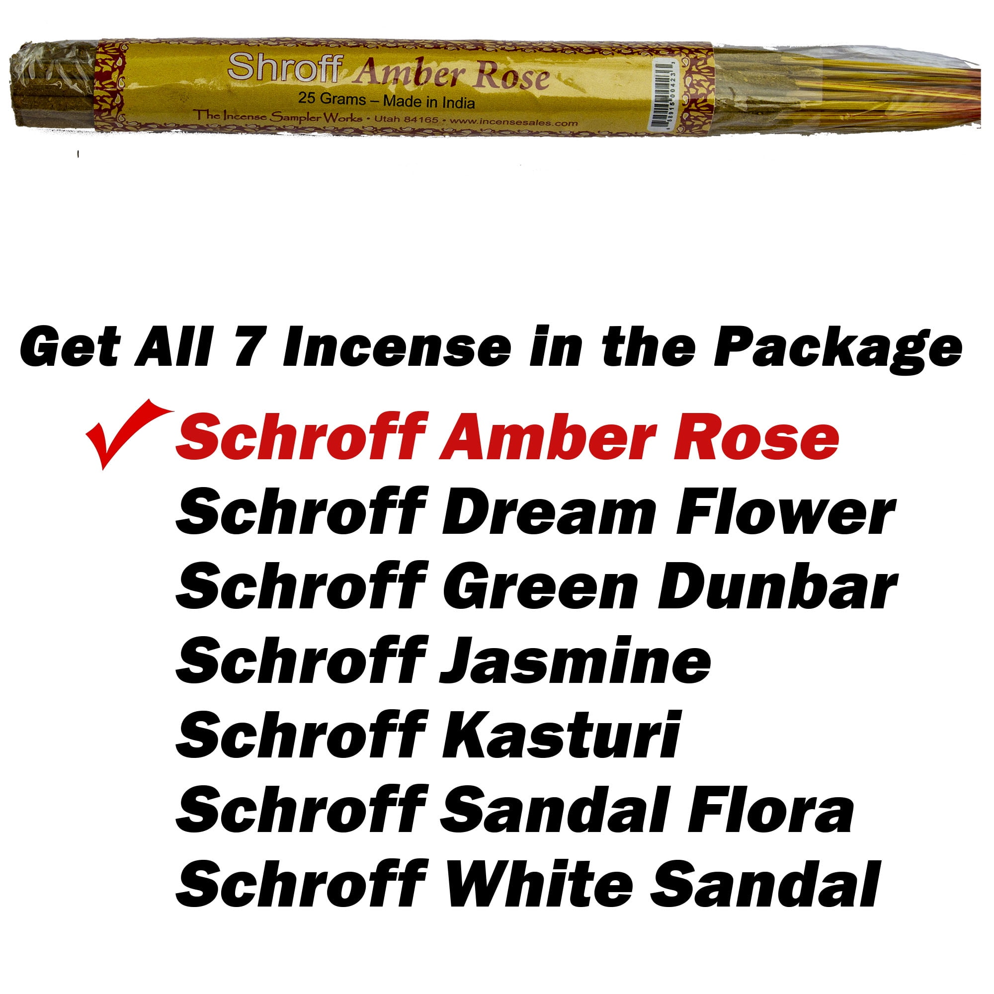 Shroff Incense Combo Pack - 7 Scents - Amber Rose - Dream Flower - Green Dunbar - Jasmin 1940 - Kasturi - Sandal Flora - White Sandal