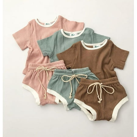

New Baby Boys Girls Summer Clothing Newborn Kids Baby Girls Ribbed Knitted Short Sleeve T-shirts+Shorts Tracksuits Sets
