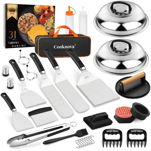 30PCS Griddle Accessories Kit for Blackstone Camp Chef, Flat Top Hibachi Grill Spatula Set with 2 Melting Domes and Meat Claws, Bbq Gifts set for man