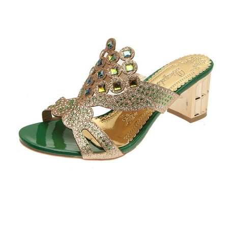 

Sandals Women Fashion Summer Women Sandals Fish Mouth Shiny Rhinestone Strap Medium Thick Heel Casual Womens Sandals Pu Green 39